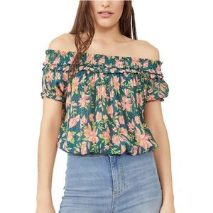 NWT Free People Floral-Print Off-The-Shoulder Elastic-Hem Suki Blouse Sz L